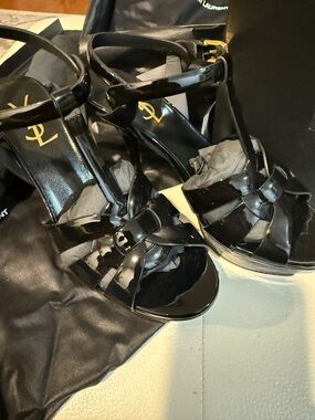 Saint Laurent Black Patent T-Strap Knotted Platform Heels